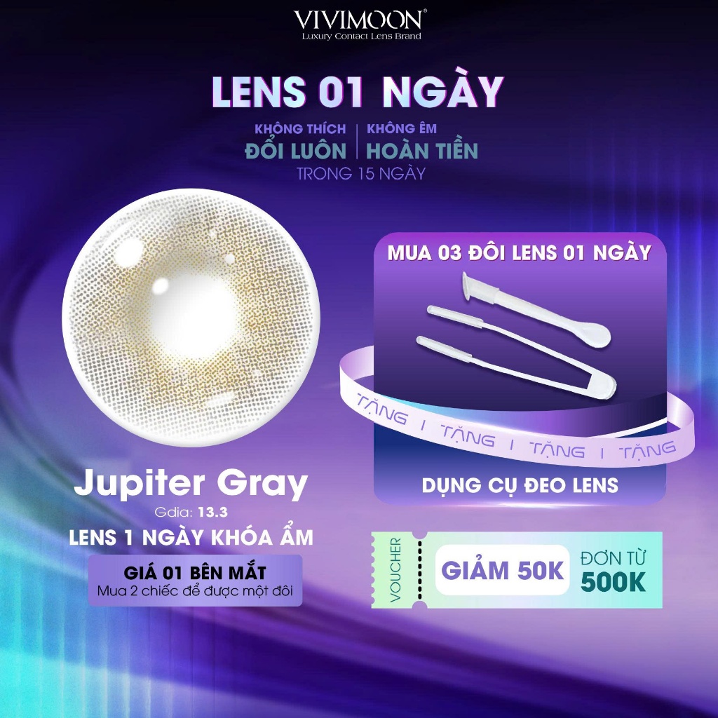 VIVIMOON lens cận khóa ẩm 1 ngày màu xám pha ánh vàng Jupiter Gray (Giá 01 chiếc/01 bên mắt - x2 để chọn 01 đôi)