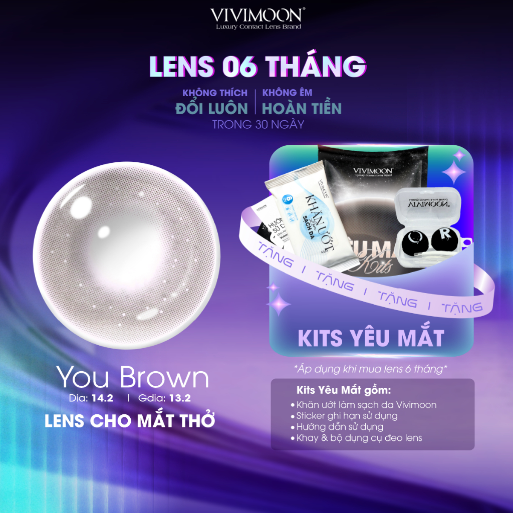 VIVIMOON lens cận cho mắt thở 6 tháng, kính áp tròng màu nâu vân nhũ You Brown độ từ 0 đến 8