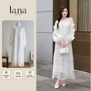 Đầm váy Nữ tiểu thư thiết kế cao cấp La.Na bánh bèo dài tay màu trắng chất liệu ren phối tơ hàn phù hợp đi tiệc- V039