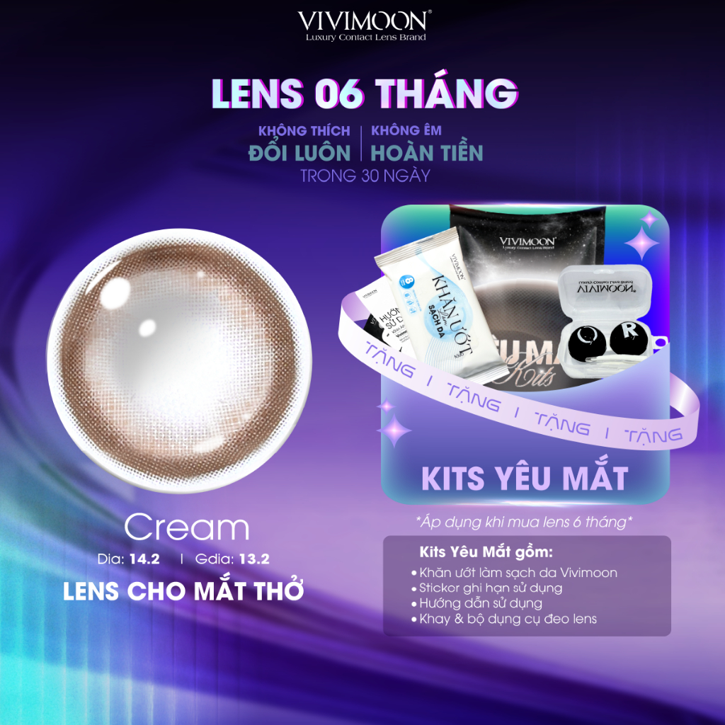 VIVIMOON lens cận nâu tây cho mắt thở CREAM, kính áp tròng 6 tháng độ cận từ 0 đến 8, Dia 14.2mm