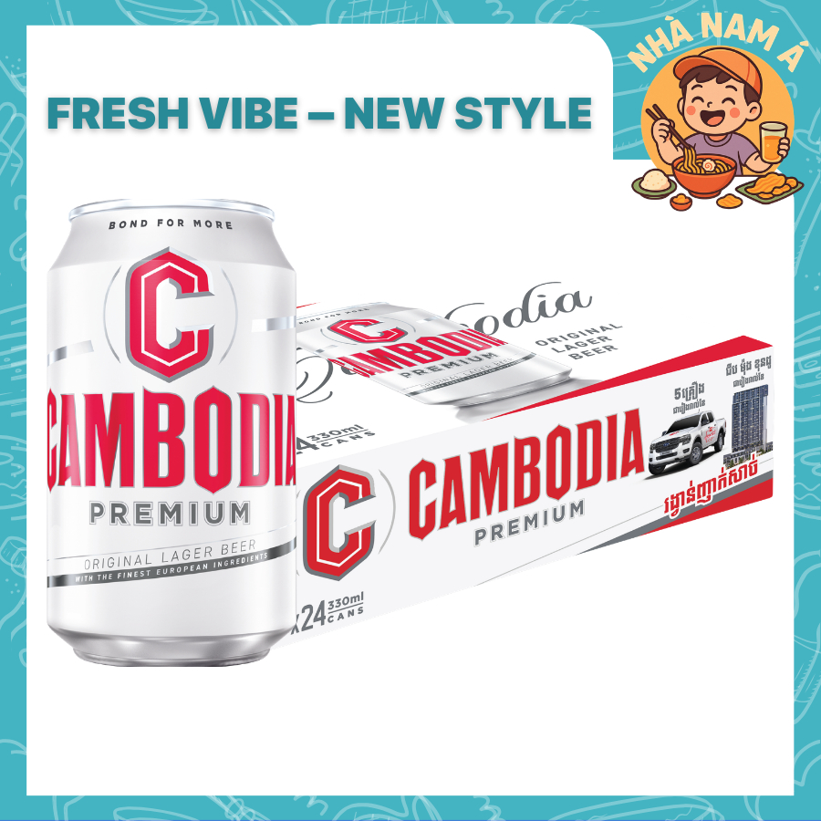 Thùng 24 Lon Bia Cambodia Premium Lager Campuchia 330ml Nồng Độ 5% Thơm Ngon