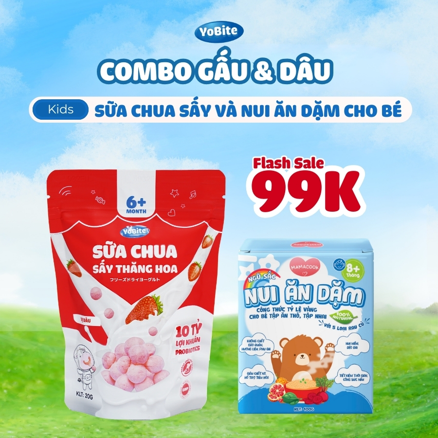 [YOBITE] Combo Cậu Gấu Chị Dâu Nui Ngũ Sắc Và Sữa Chua Sấy YoBite Kids Vị Dâu 20gr