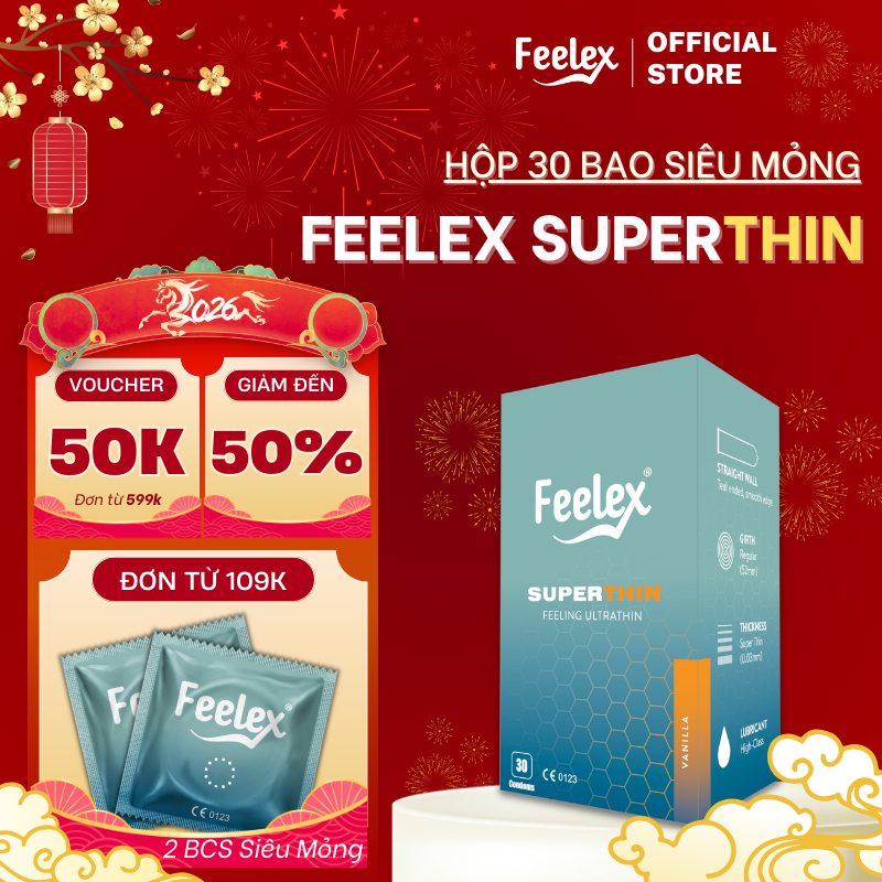 Bao cao su Feelex superthin siêu mỏng, nhiều gel bôi trơn, nhiều mùi hương - hộp 30 bcs