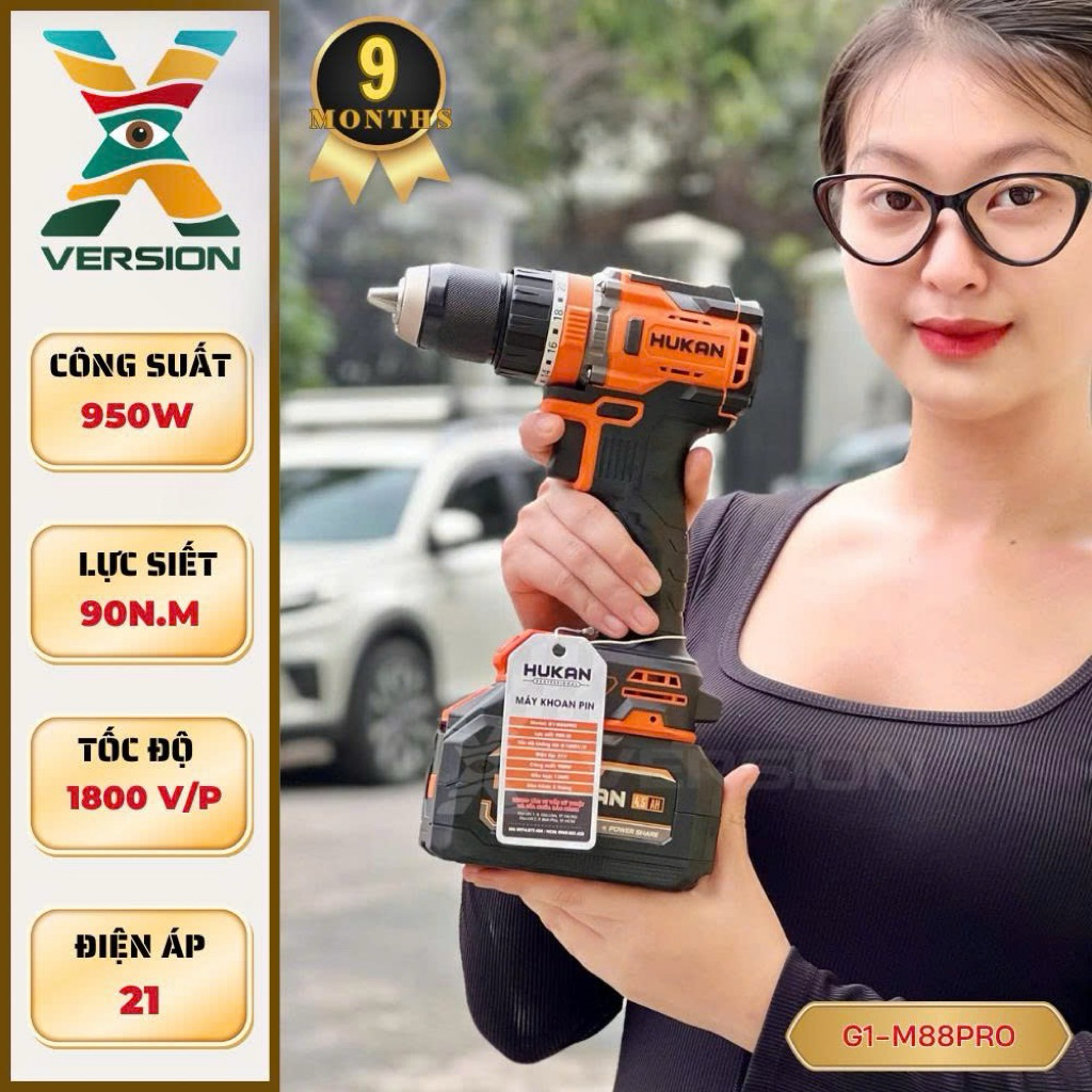Máy khoan pin 13mm G1-M88PRO HUKAN, combo 2pin  hukan+sạc hukan động cơ không chổi than-Xversion