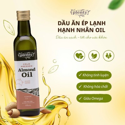 Dầu ăn hạnh nhân ép lạnh Plenty Úc 375ml, giàu vitamin E, axit béo không bão hòa đơn, tốt cho tim mạch