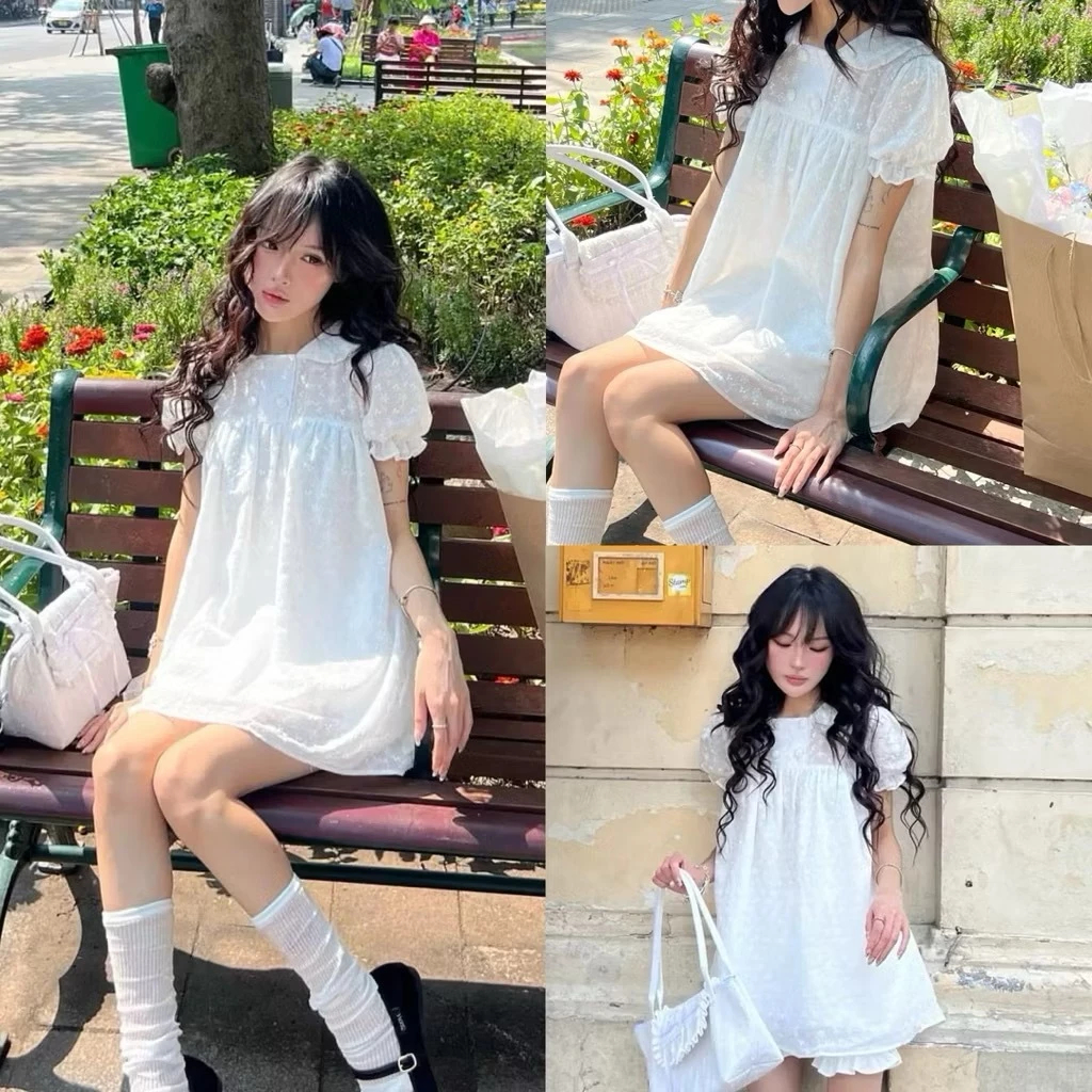 (Hàng L1) Áo Váy babydoll tay phồng thô ren thêu hoa DAISY dáng MOCHI x Kèm quần bo chun | BigBuy360 - bigbuy360.vn