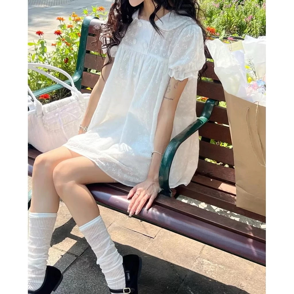 (Hàng L1) Áo Váy babydoll tay phồng thô ren thêu hoa DAISY dáng MOCHI x Kèm quần bo chun | BigBuy360 - bigbuy360.vn
