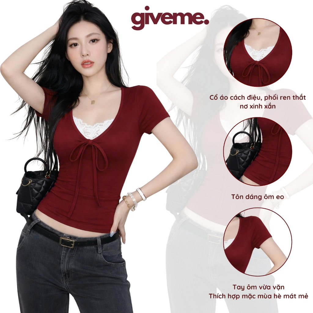 Áo Thun Kiểu Nữ Ngắn Tay Cổ V Phối Viền Ren Có Dây Thắt Nơ Xinh Xắn Chất Thun Cotton Mịn Co Giãn Mặc Mát Mẻ Mùa Hè | BigBuy360 - bigbuy360.vn