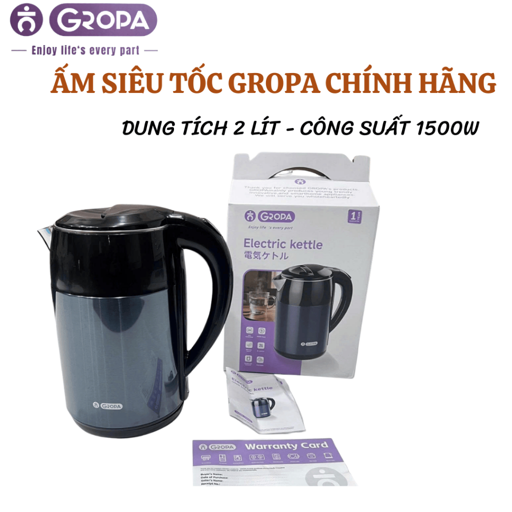 Ấm siêu tốc 2 lít hàng chính hãng Gropa , ấm đun nước siêu tốc 2 lít công suất 1500w - BH 12 tháng