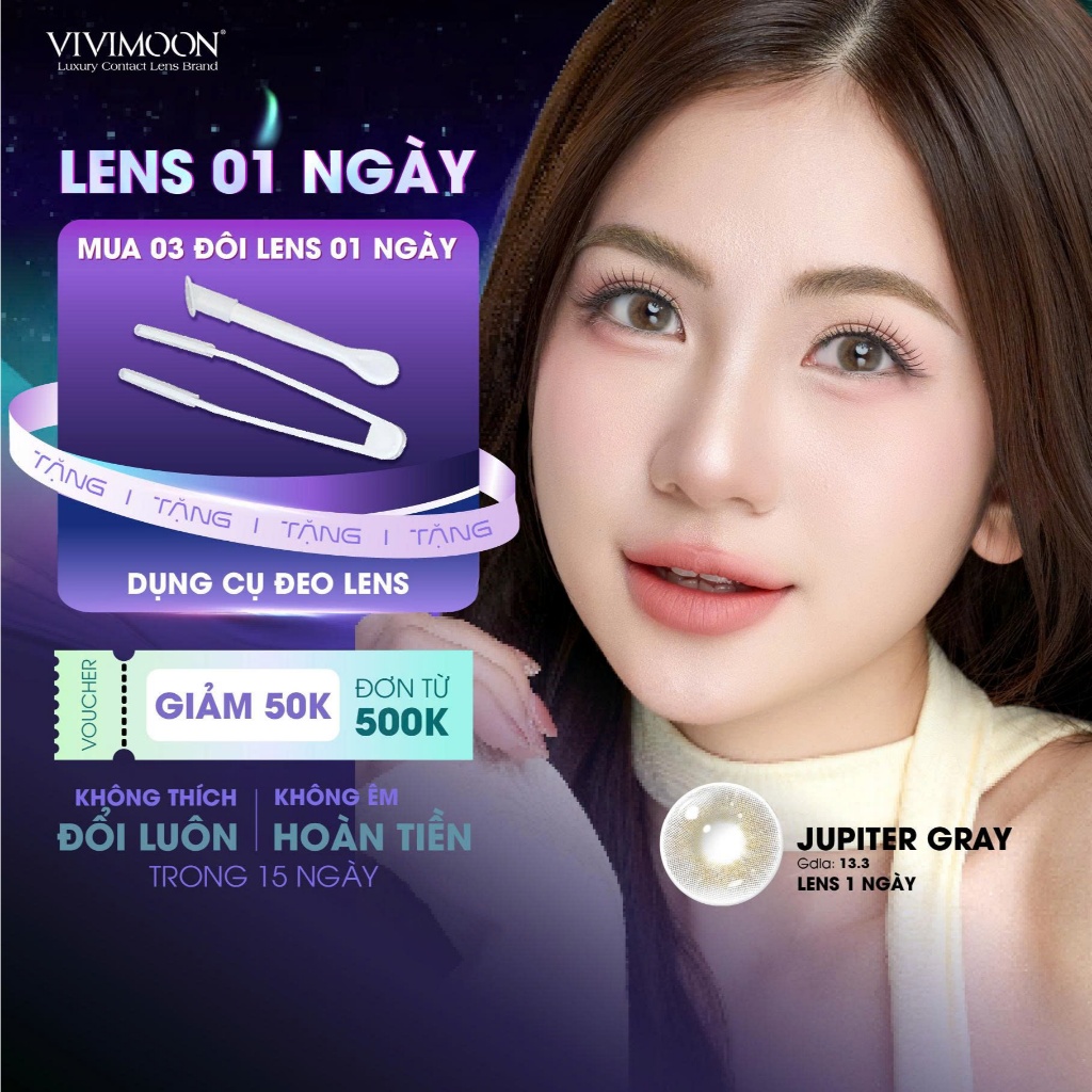 VIVIMOON lens cận 1 ngày Jupiter Gray, kính áp tròng khóa ẩm màu xám pha ánh vàng (Giá 1 chiếc, x2 đ