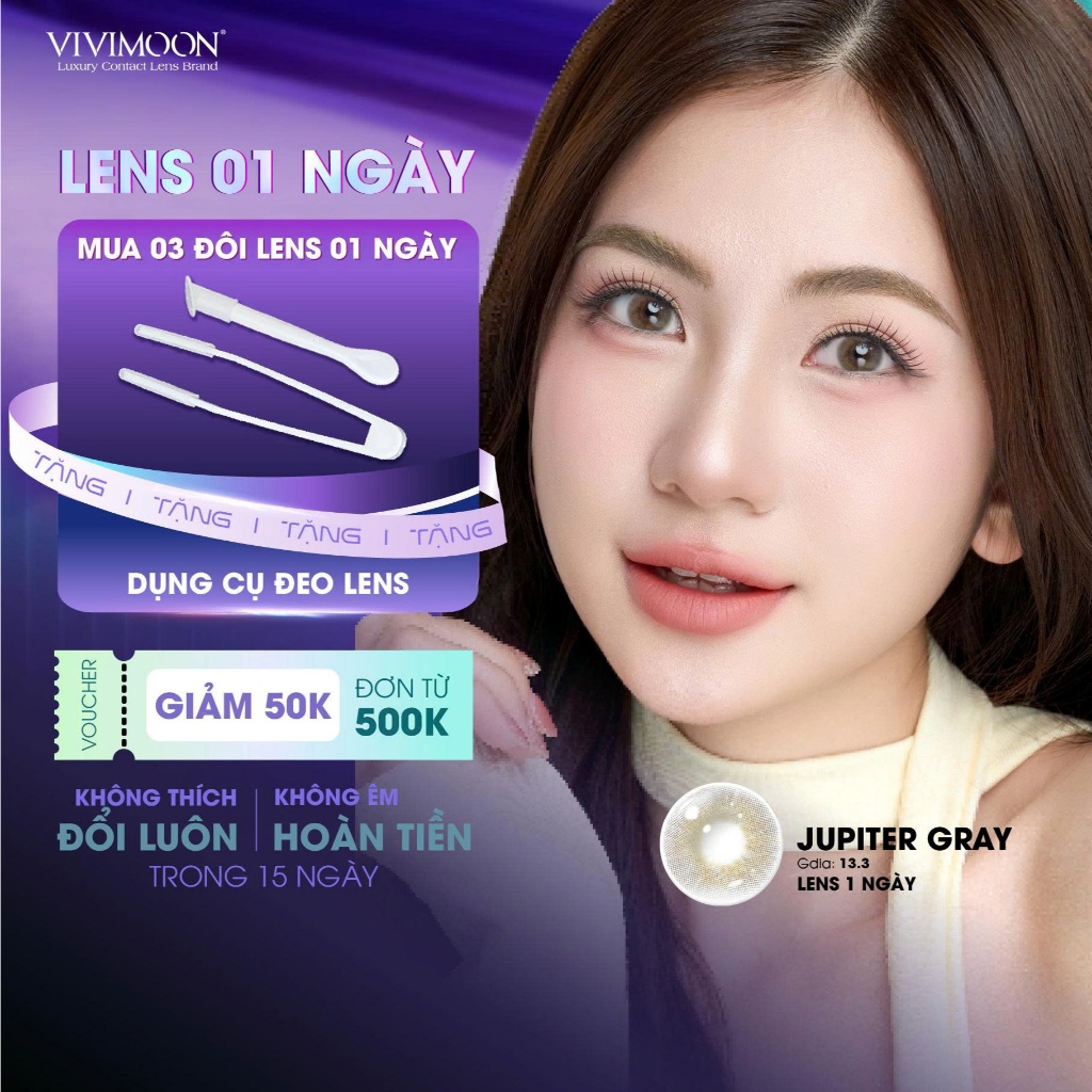 VIVIMOON lens cận 1 ngày khóa ẩm màu xám pha ánh vàng Jupiter Gray (Giá 01 chiếc/01 bên mắt)