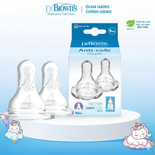 Hộp 2 núm ty Dr.Brown's cổ hẹp số 4 dành cho bé 9 tháng trở lên.
