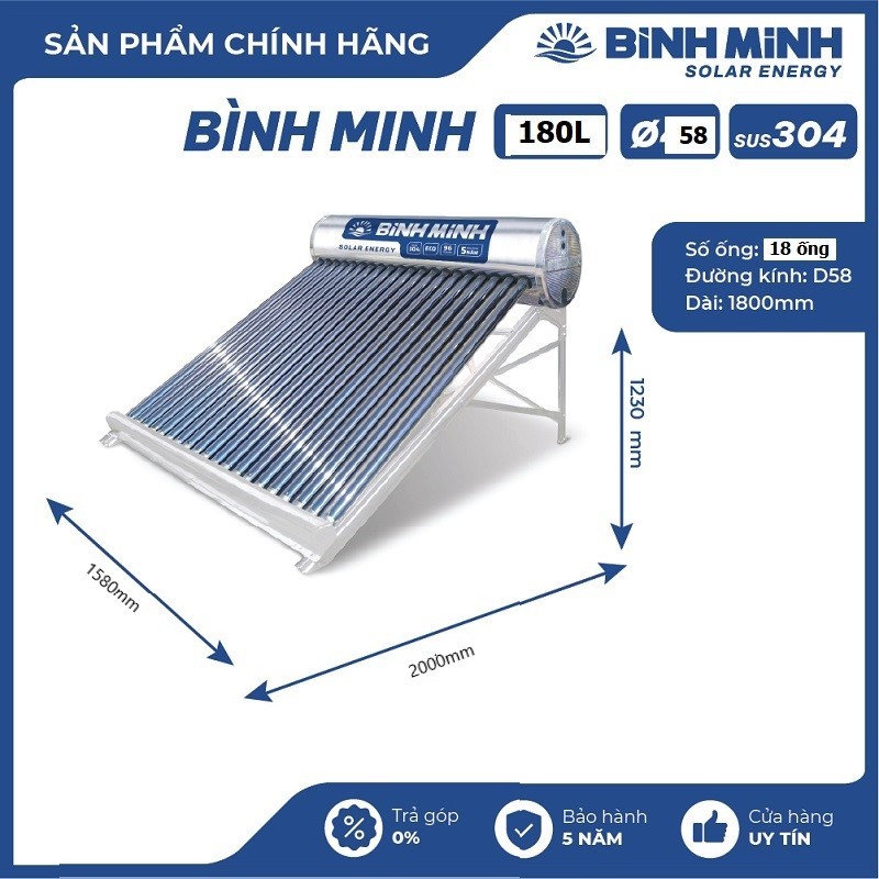 Máy nước nóng năng lượng mặt trời Bình Minh 180L, 18 ống thu nhiệt, ruột Inox 304 siêu bền