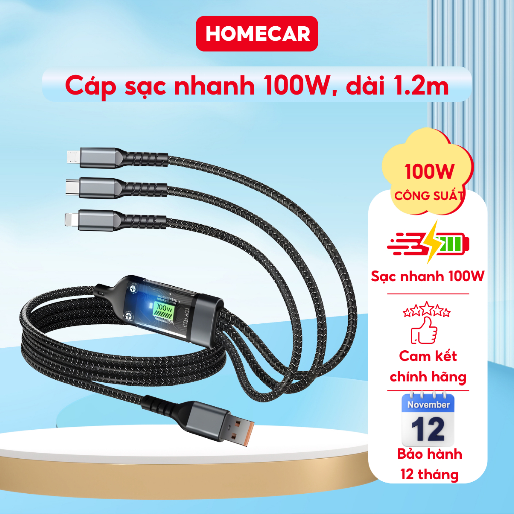 Cáp Sạc Nhanh 3 Trong 1 100W Dây Sạc Type C Lightning Micro USB Dài 1.2m Cho Macbook Điện Thoại