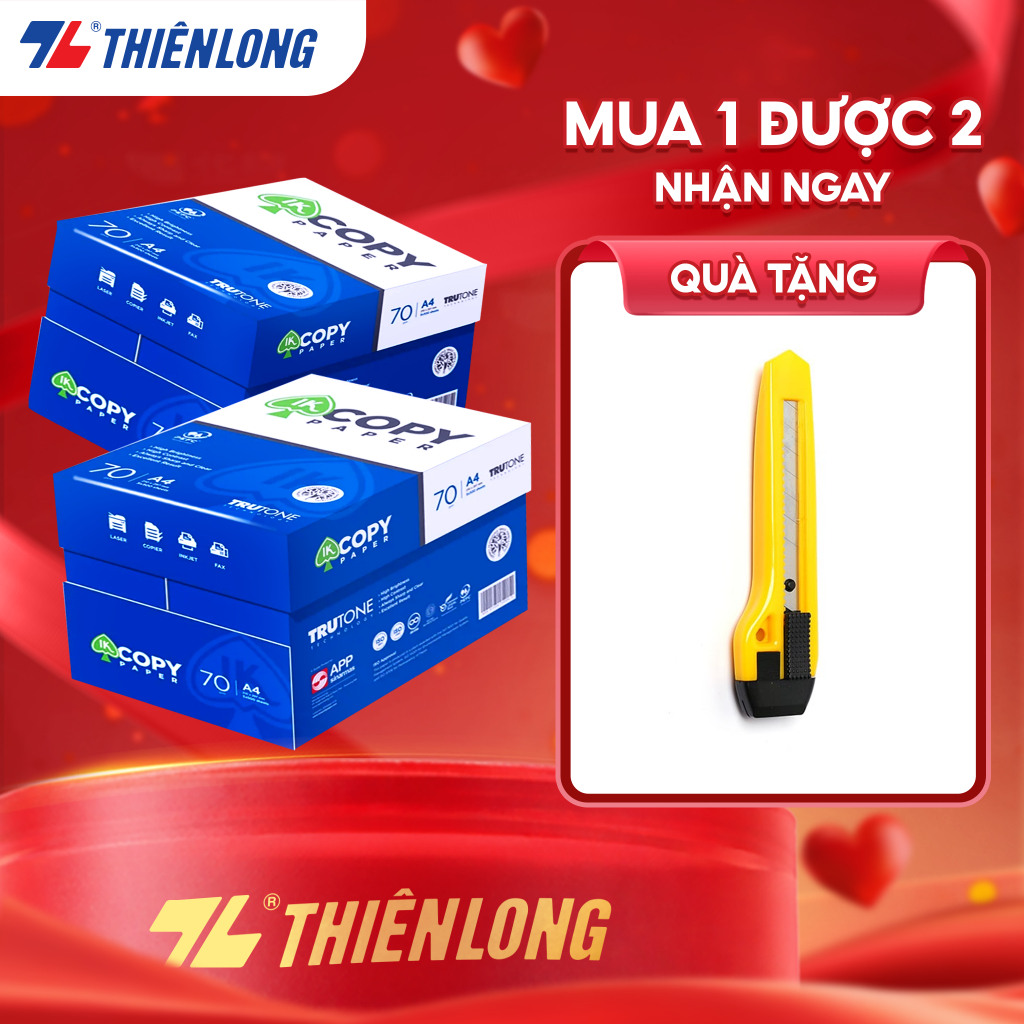 10 ream Giấy in A4 70 gsm, giấy A4 photo IK Copy Paper Thiên Long 500 tờ/ream, đều màu, độ dày cao, 
