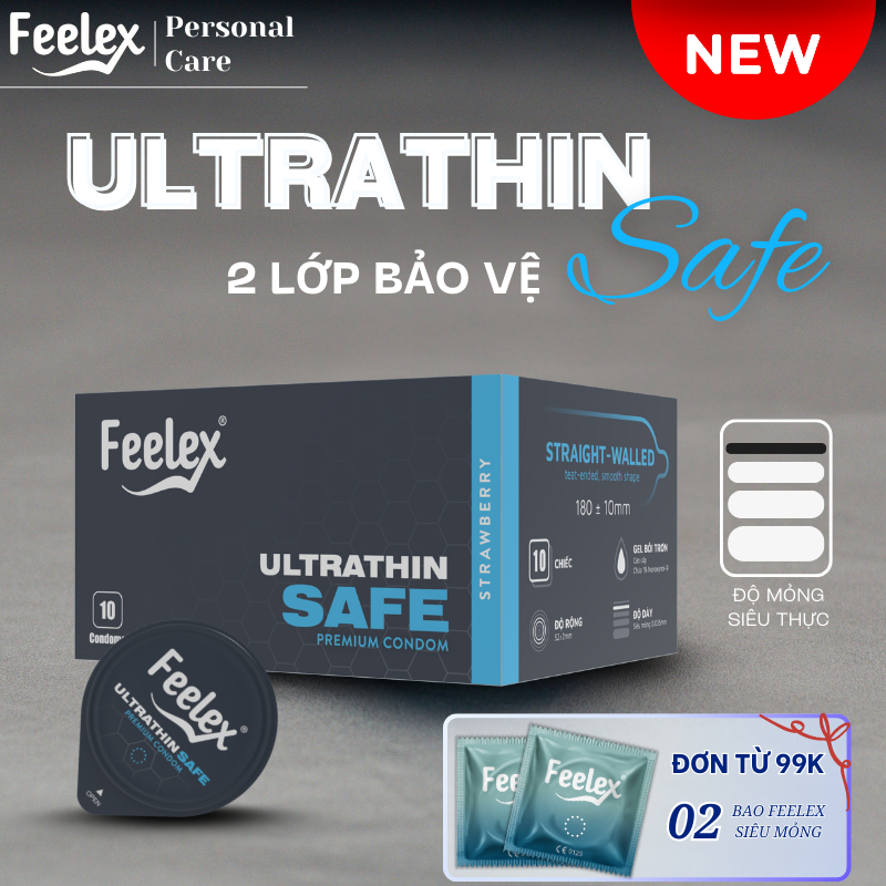 Bao cao su Ultrathin Safe siêu mỏng, ôm khít, bôi trơn, bảo vệ kép - hộp 10 bao