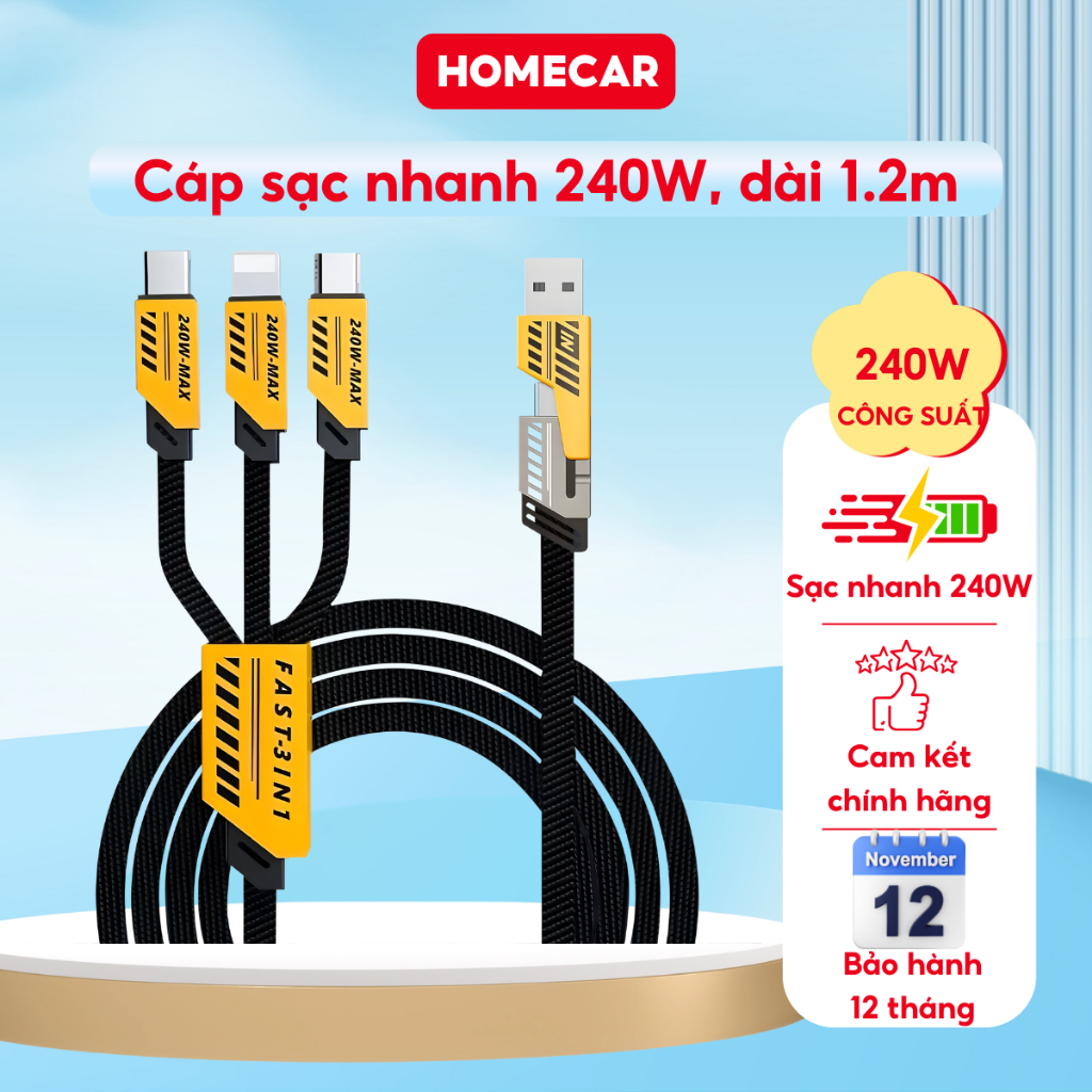 Cáp Sạc Nhanh 3 Trong 1 240W Dài 1.2m Dây Sạc Đa Năng Type C Lightning Micro USB