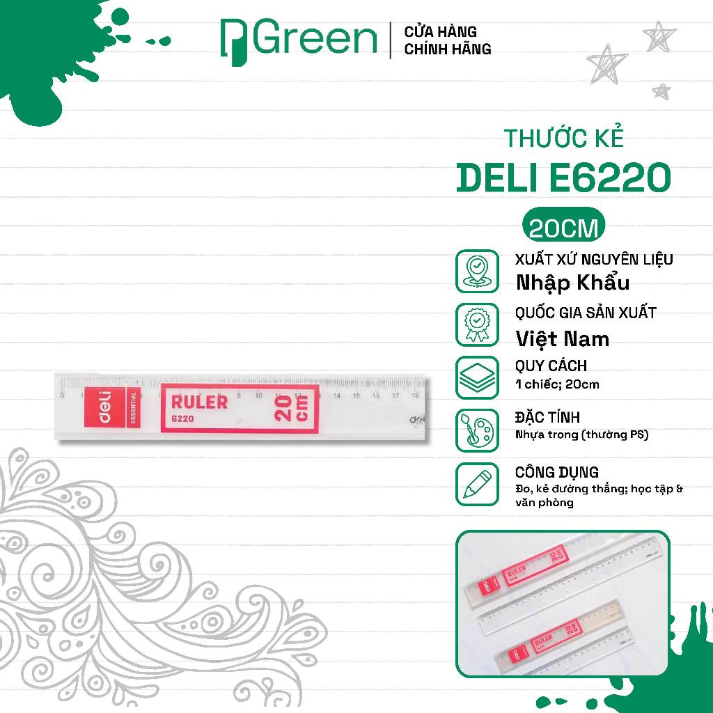 Thước kẻ Deli E6220 20cm – Thước nhựa PS trong suốt, vạch chia rõ, đo/kẻ chuẩn | PGREEN