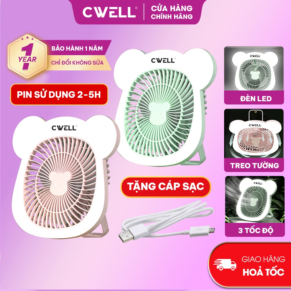 Quạt mini để bàn, quạt tích điện 3 tốc độ CWELL kèm dải 25 đèn Led, có móc treo