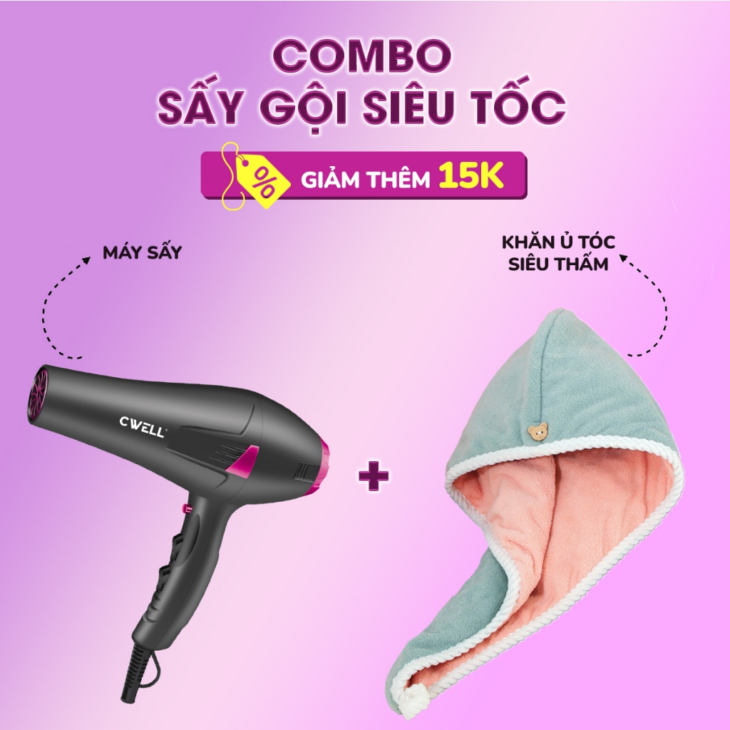 Combo máy sấy tóc CWELL C06HD 6 chế độ sấy và khăn quấn ủ tóc siêu thấm C03PK màu xanh (Xám tím)