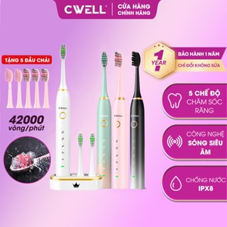 Bàn chải điện CWELL Sonic S1, 5 chế độ chải rung 42.000 lần/p, chống nước IPX8 - Tặng 5 đầu bàn chải