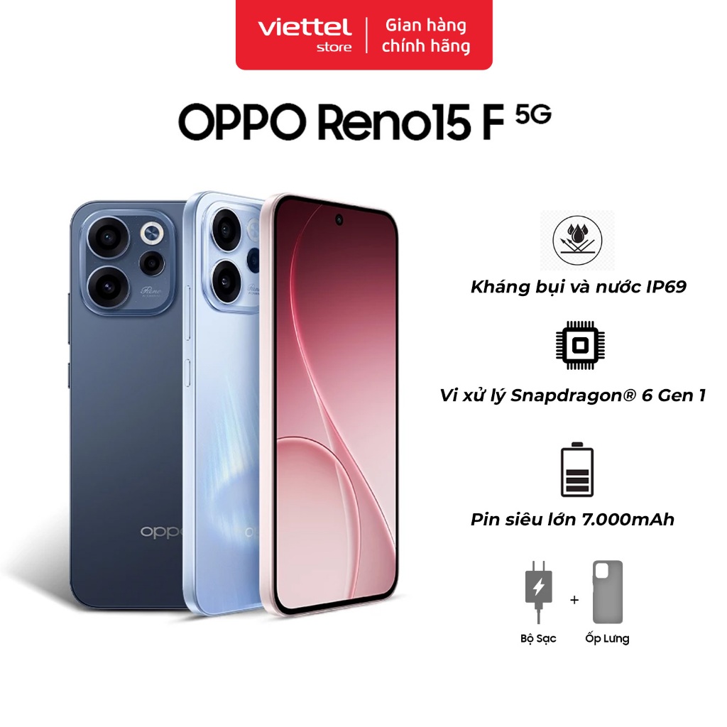 Điện thoại OPPO Reno15F 5G 8GB + 256GB | Kháng bụi và nước IP69 | Siêu Camera AI | Pin 7000mAh
