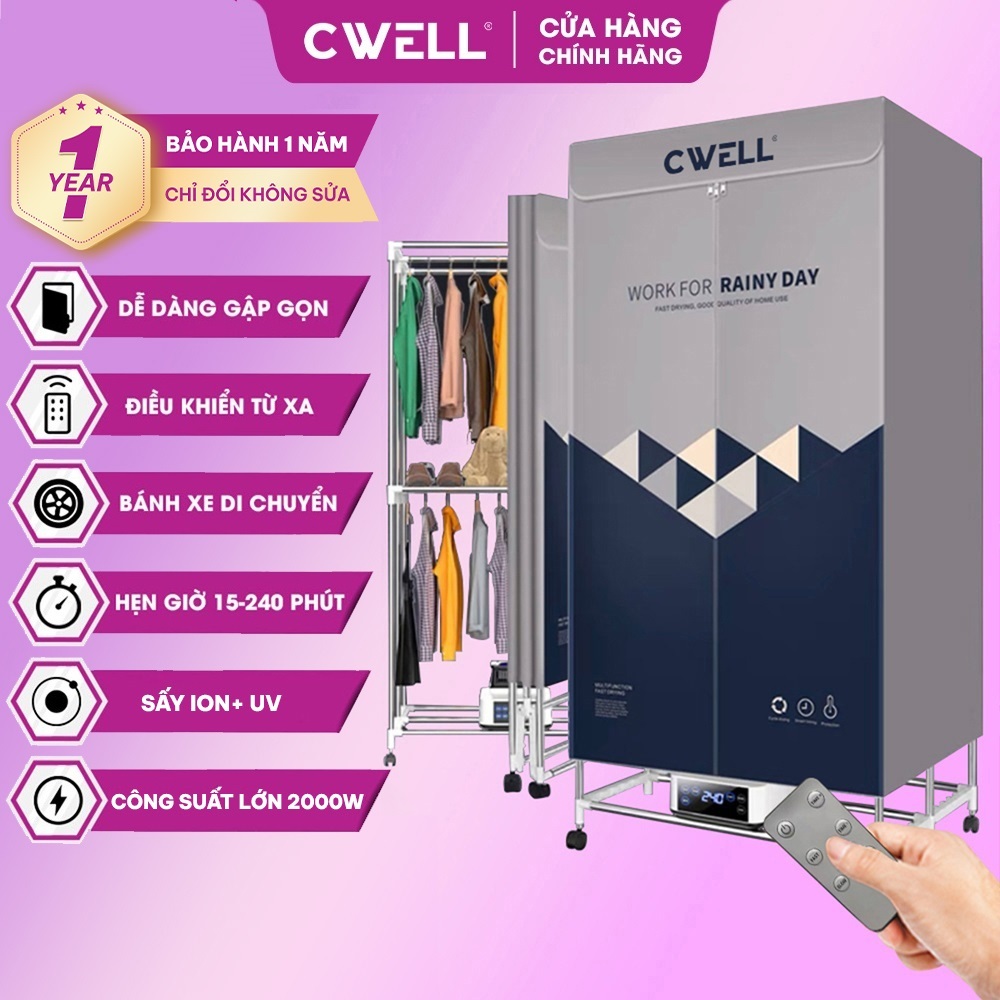 Tủ sấy quần áo CWELL D23, máy sấy quần áo gấp gọn 1.7M, công suất 2000W, sấy nhanh, khử khuẩn ION