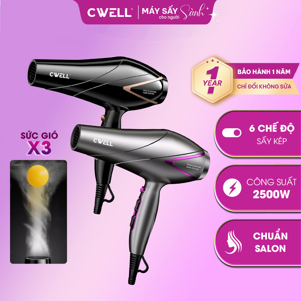 Máy sấy tóc công suất cao CWELL C09HD 2500W chuyên dụng cho Salon, 6 chế độ sấy, gió mạnh nhanh khô