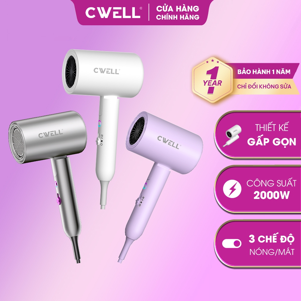 Máy sấy tóc công suất cao CWELL C12 2000W, 3 chế độ sấy đa năng, gấp gọn tiện lợi, sấy nhanh khô