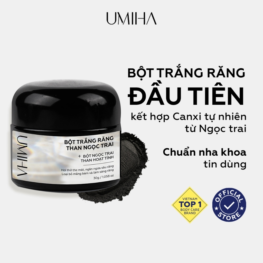 Bột trắng răng than Ngọc Trai UMIHA (30g) - Trắng răng với bột trắng răng thành phần Than hoạt tính, Canxi, Bột than tre