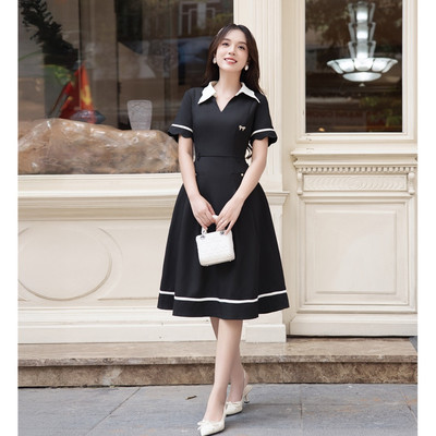 Đầm nữ Twentyfive dáng xòe dài cổ bẻ phối màu phong cách công sở DM59