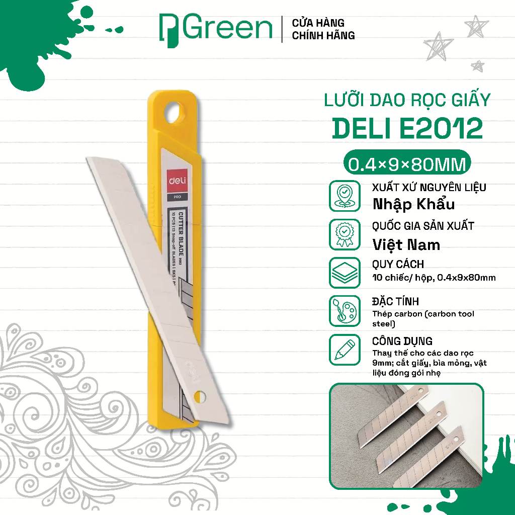 Lưỡi dao rọc giấy Deli E2012 (loại nhỏ) – 9mm, 13 đốt bẻ, thép SK5, 10 lưỡi/ống | PGREEN