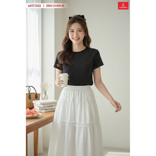 (Sẵn) 6ATC10  Áo thun nữ CARDINA cổ tròn chất liệu cotton chấm bi co dãn thoải mái kiểu dáng trẻ trung năng động 6ATC10