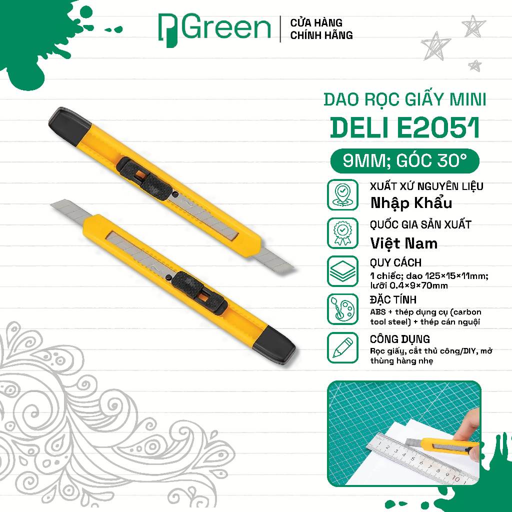 Dao rọc giấy mini Deli E2051 – Lưỡi nhỏ 9mm, 13 đốt bẻ, khóa trượt an toàn, kẹp cài tiện lợi | PGREE