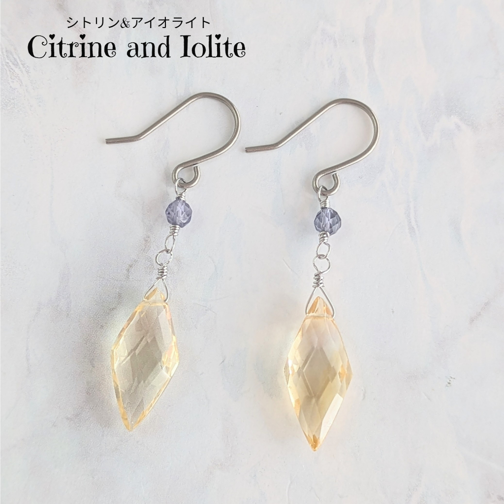 Gemstone earrings - Citrine and Iolite - Direct from Japan