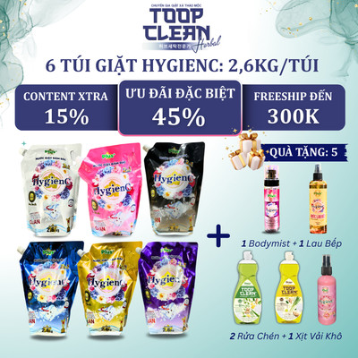 Combo 6 Túi Nước Giặt Đậm Đặc HygienC Plus 2.6Kg/ Túi - Hương Nước Hoa, Sạch Vết Bẩn, Dưỡng Vải