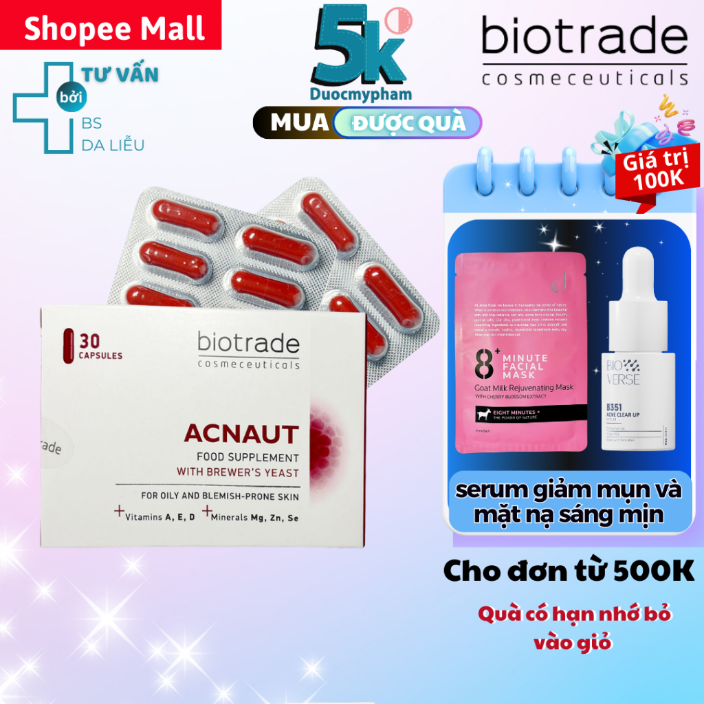 Viên uống giảm mụn Biotrade Acnaut Food Supplement - Kiềm giảm dầu (hộp 30v)