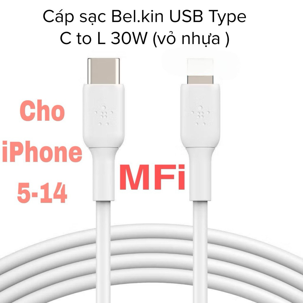Cáp sạc nhanh USB-C to L BOOST CHARGE Bel.kin 30W vỏ nhựa bền bỉ, chứng nhận MFi