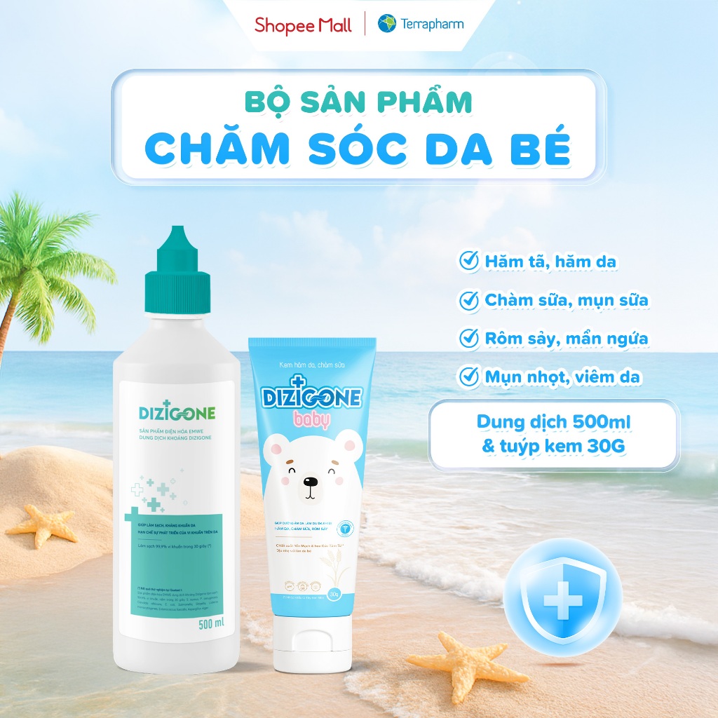 [COMBO] Dung dịch kháng khuẩn DIZIGONE 500ml & Kem DIZIGONE Baby 30g: Đẩy lùi hăm tã, chàm sữa, mẩn 