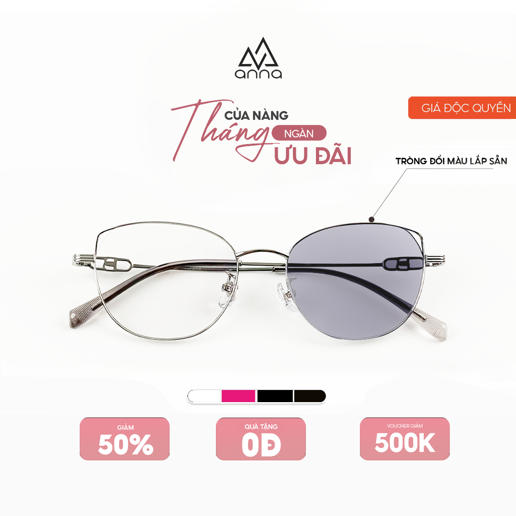 Gọng kính titan cao cấp kèm tròng đổi màu khi ra nắng 0 độ ANNA dáng mắt mèo cá tính 5501