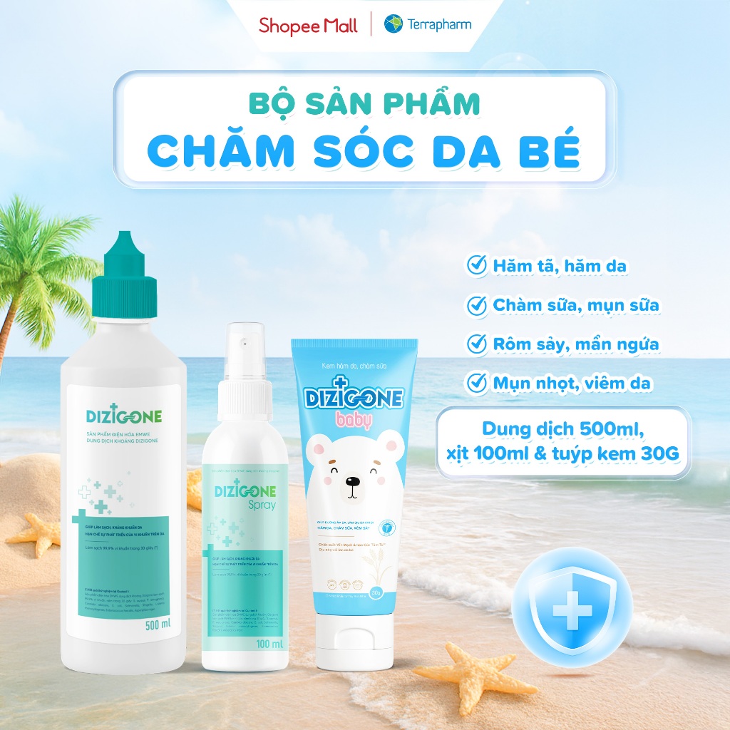 [COMBO] Dung dịch DIZIGONE 500ml & Xịt DIZIGONE 100ml & Kem DIZIGONE Baby 30g: Chăm sóc da bé hăm tã