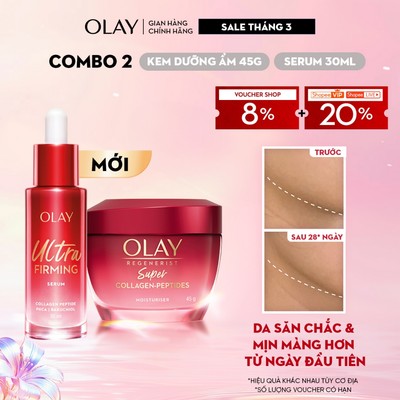 [Meta] Combo Kem Dưỡng Ẩm OLAY Super Collagen Peptides + Serum OLAY Ultra Firming Giúp Da Săn Chắc Mịn Màng (45G + 30ML)