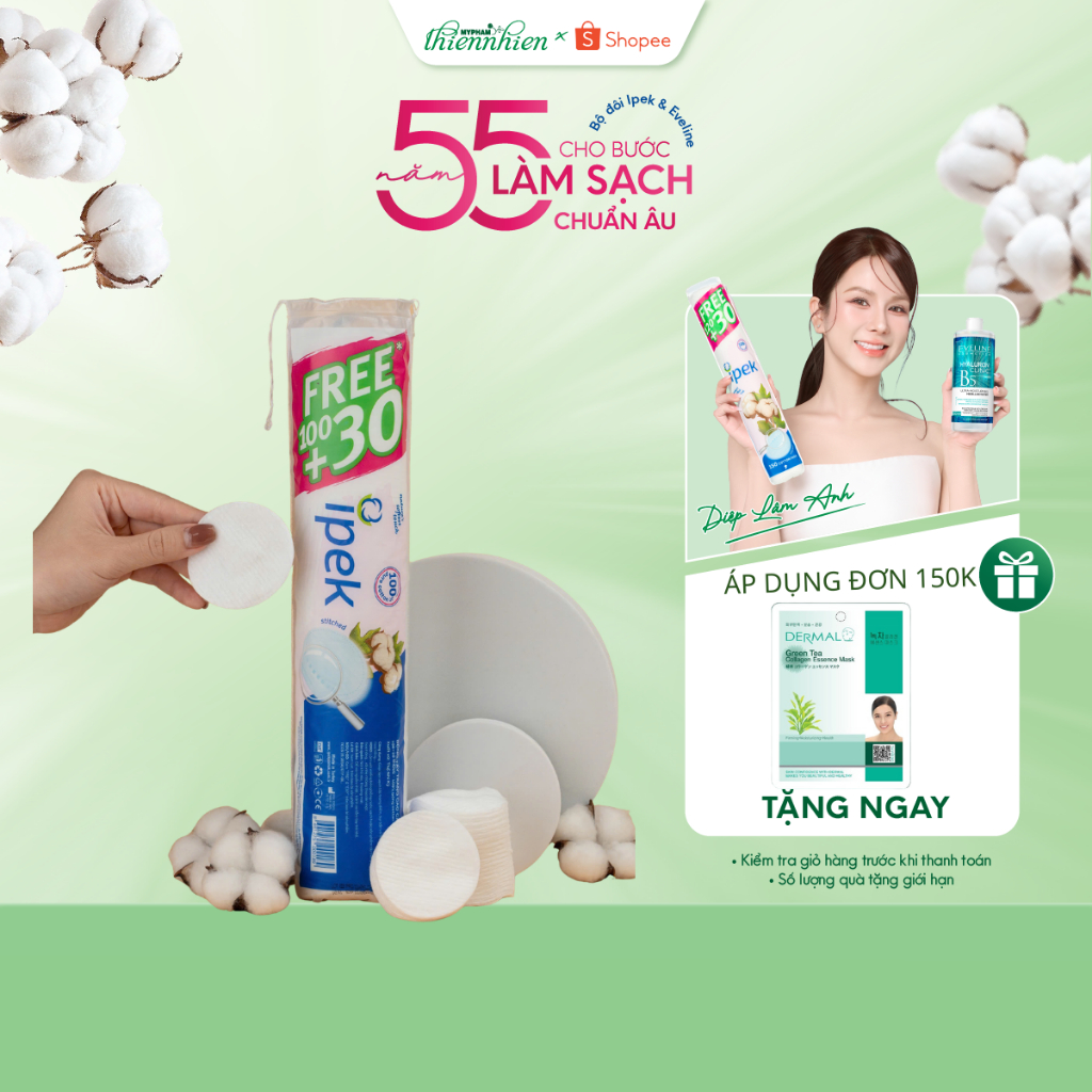 Bông Tẩy Trang IPEK 130 Miếng 100% Bông Cotton Mềm Mịn, Không Xơ Bông Thấm Hút Tốt, Siêu Tiết Kiệm