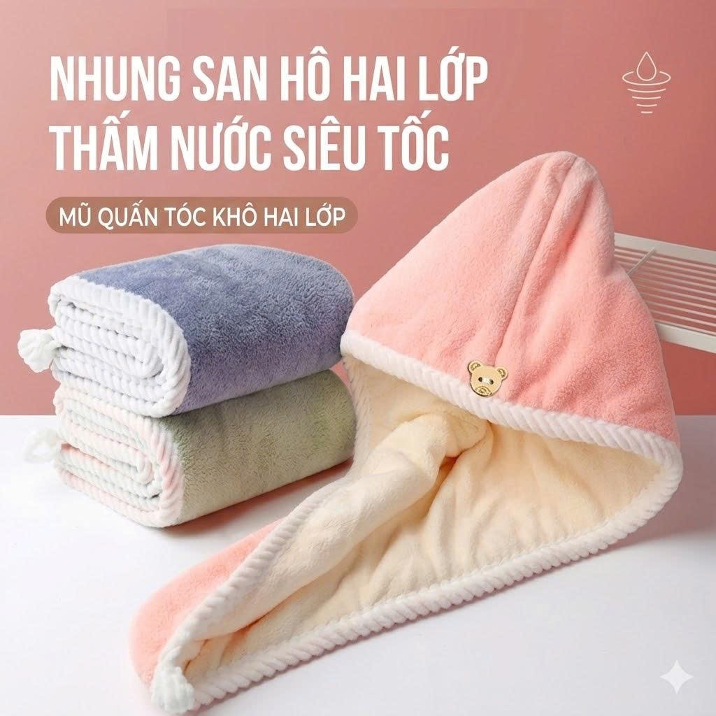 Khăn quấn tóc siêu thấm hút đính hình gấu loại tốt dày đẹp 2 lớp 40x60cm