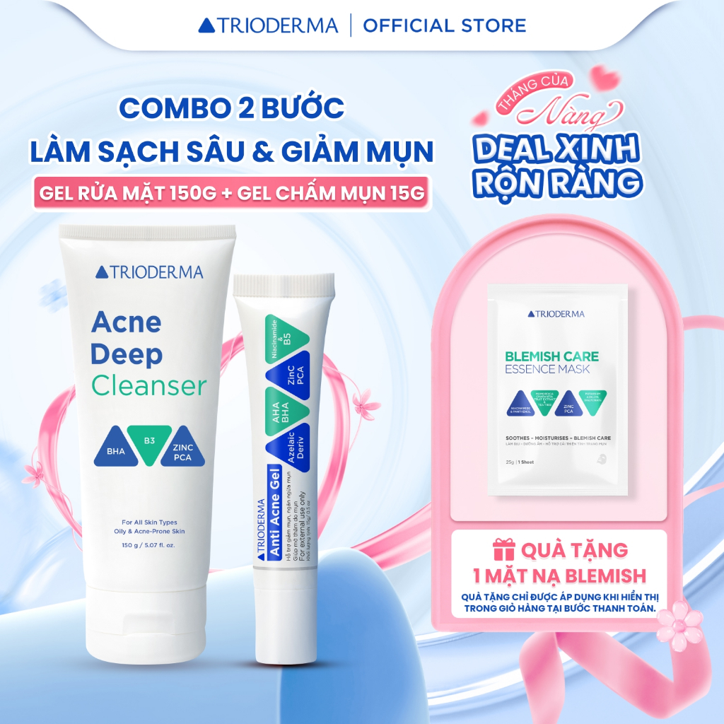 Bộ đôi Gel mụn Anti Acne Gel 15g & Gel rửa mặt Trioderma Acne Deep Cleanser 150g