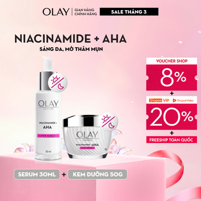 [Meta] Combo 2: Kem Dưỡng Ẩm + Super Serum OLAY LUMINOUS NIACINAMIDE AHA Sáng Da, Mờ Thâm Mụn (50G + 30ML)