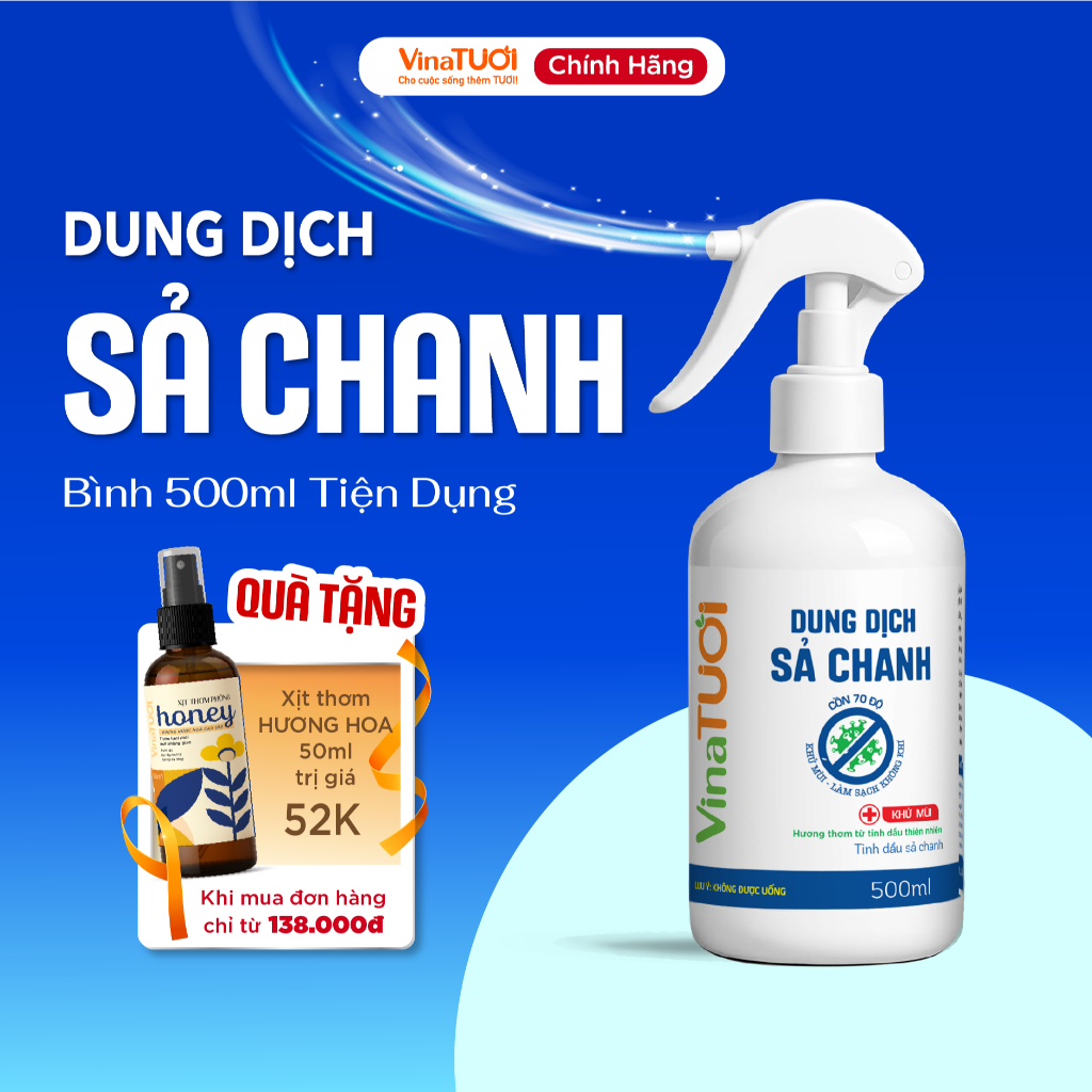 Cồn xịt dung dịch Sả Chanh Vina TƯƠI 500ml thơm tự nhiên tiện dụng dễ dùng