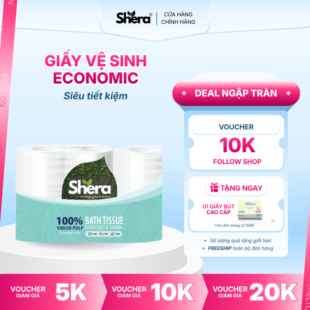 Giấy vệ sinh Shera Economic 12 cuộn 2 lớp có lõi siêu tiết kiệm