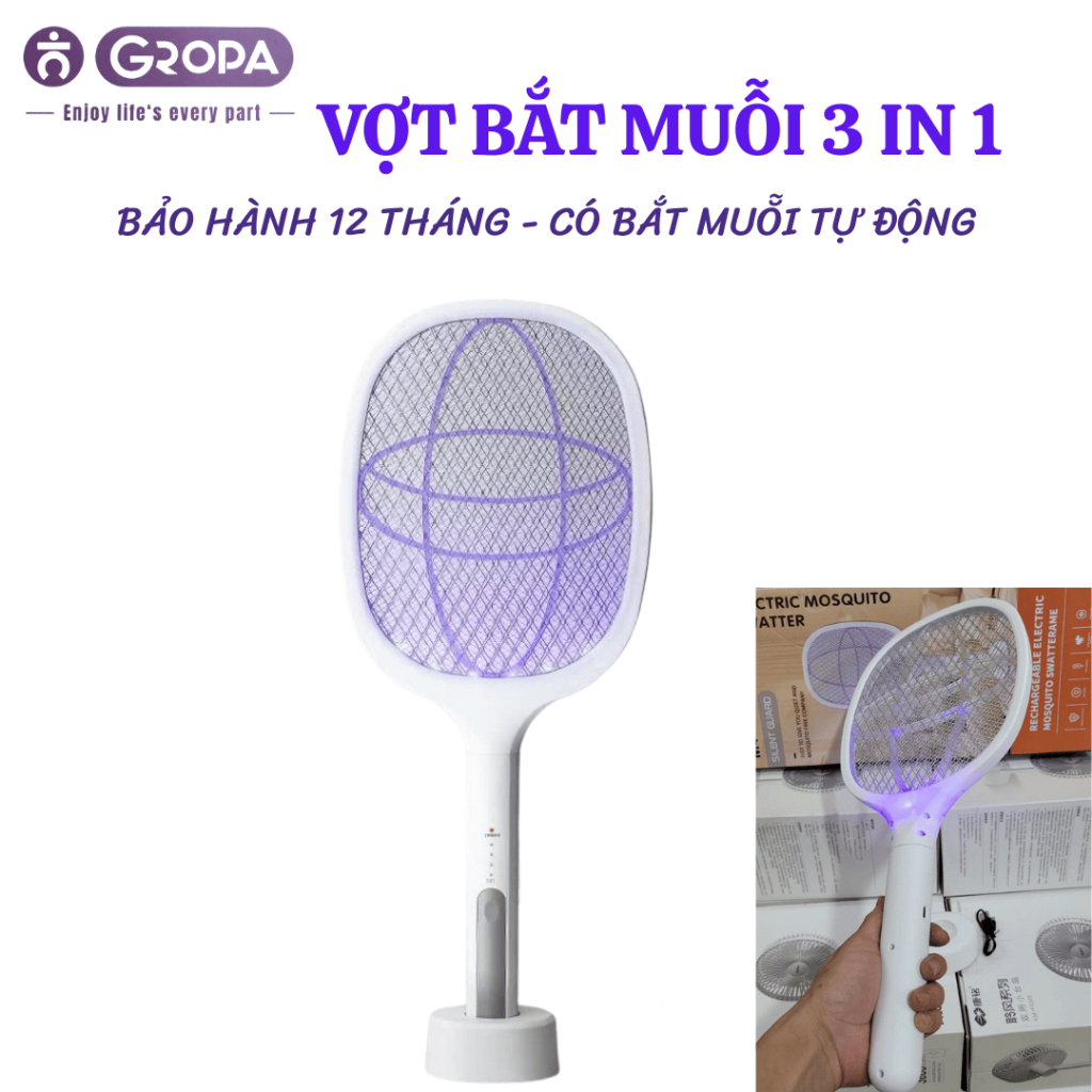 Vợt muỗi thông minh kiêm đèn bắt muỗi tự động 2 trong 1 bảo hành 12 tháng, pin tích điện 1200 mah