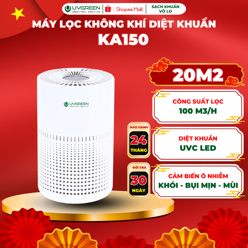 [UVG] Máy Lọc Không Khí Bụi Mịn UVGREEN KA150 20m2, HEPA H13 Lọc Bụi Mịn, Diệt Khuẩn UVC Led, Xông Tinh Dầu